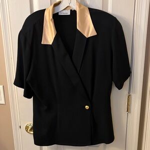 Vintage Dana Buchman Silk Black Blouse with Gold Collar
And Gold Button. Size 10